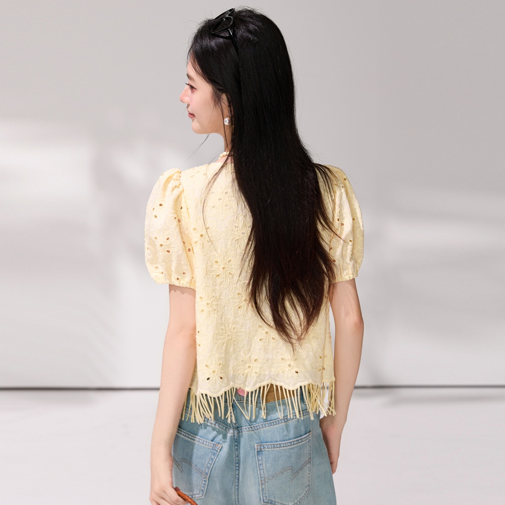 Summer yellow square collar small shirt hollow short tops