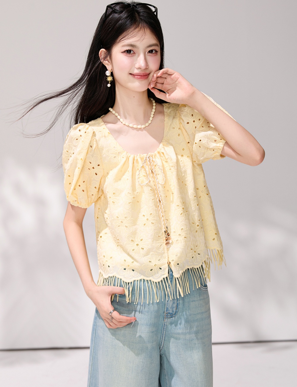 Summer yellow square collar small shirt hollow short tops