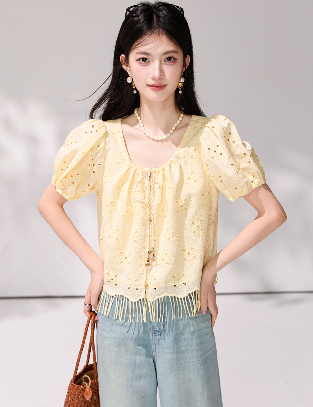 Summer yellow square collar small shirt hollow short tops
