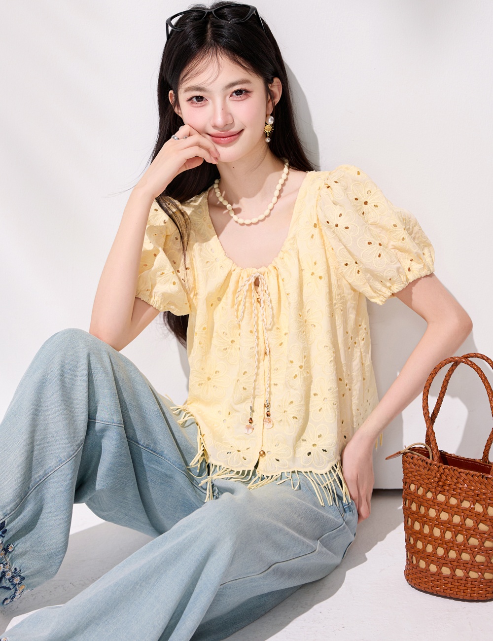 Summer yellow square collar small shirt hollow short tops