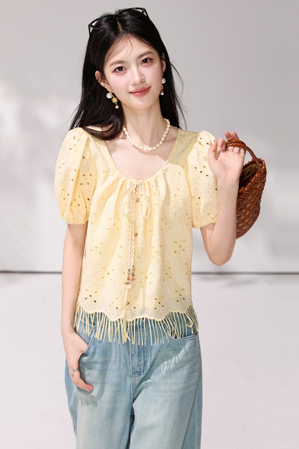 Summer yellow square collar small shirt hollow short tops
