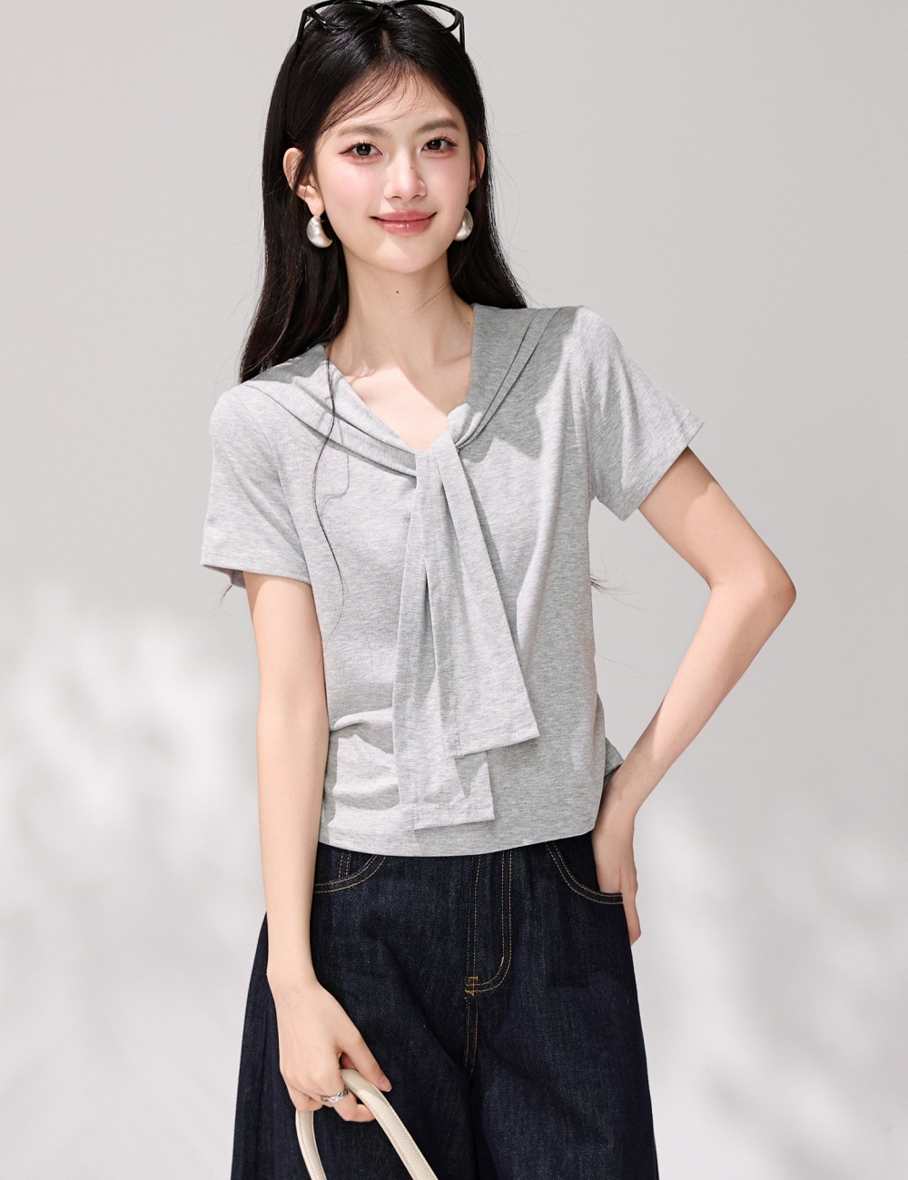 Gray Casual summer shawl simple all-match T-shirt