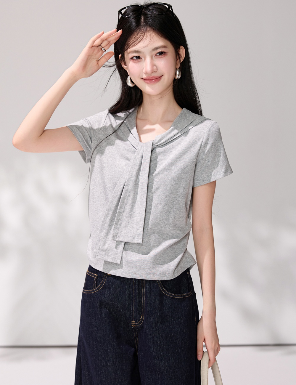 Gray Casual summer shawl simple all-match T-shirt