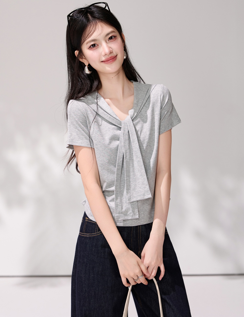 Gray Casual summer shawl simple all-match T-shirt