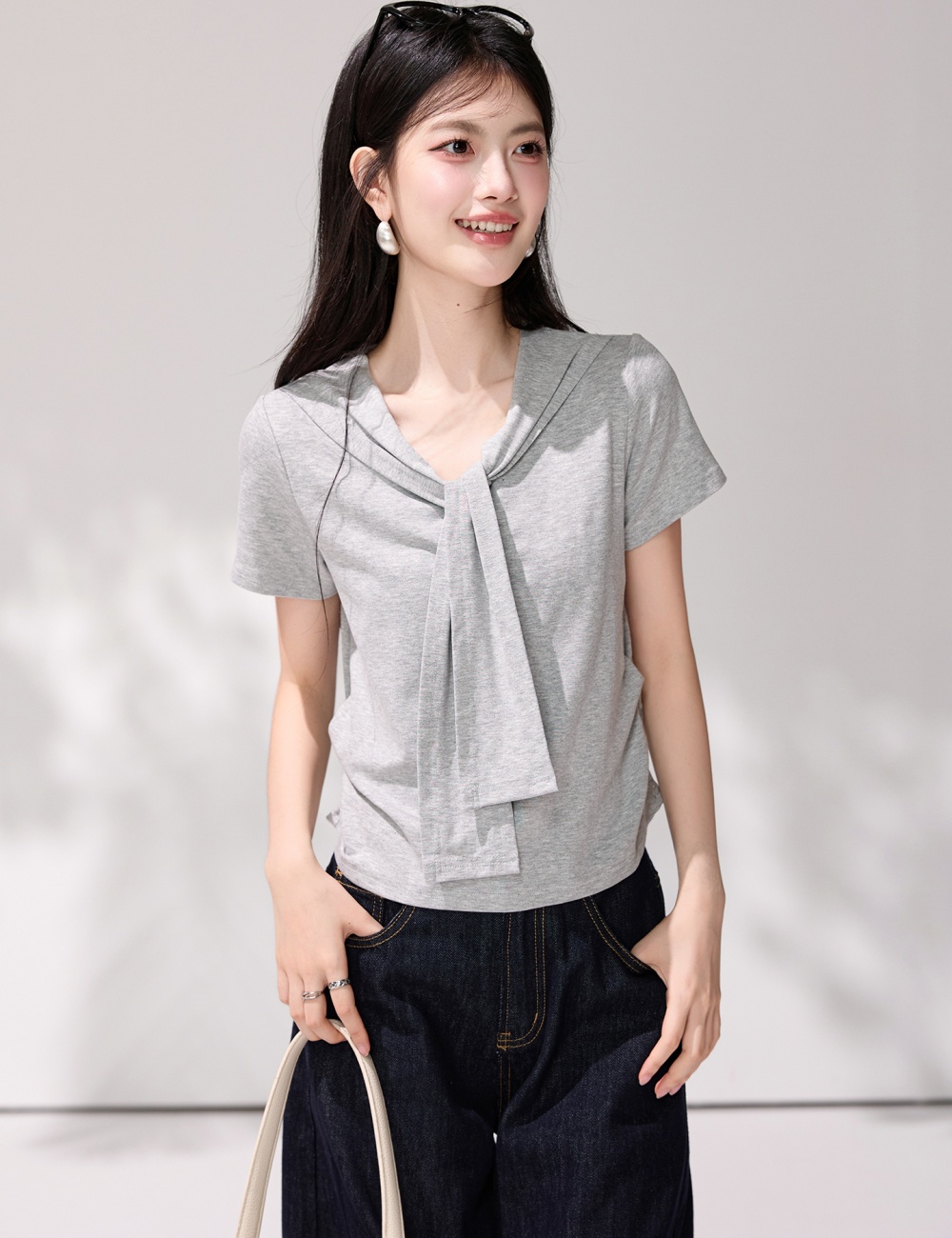 Gray Casual summer shawl simple all-match T-shirt