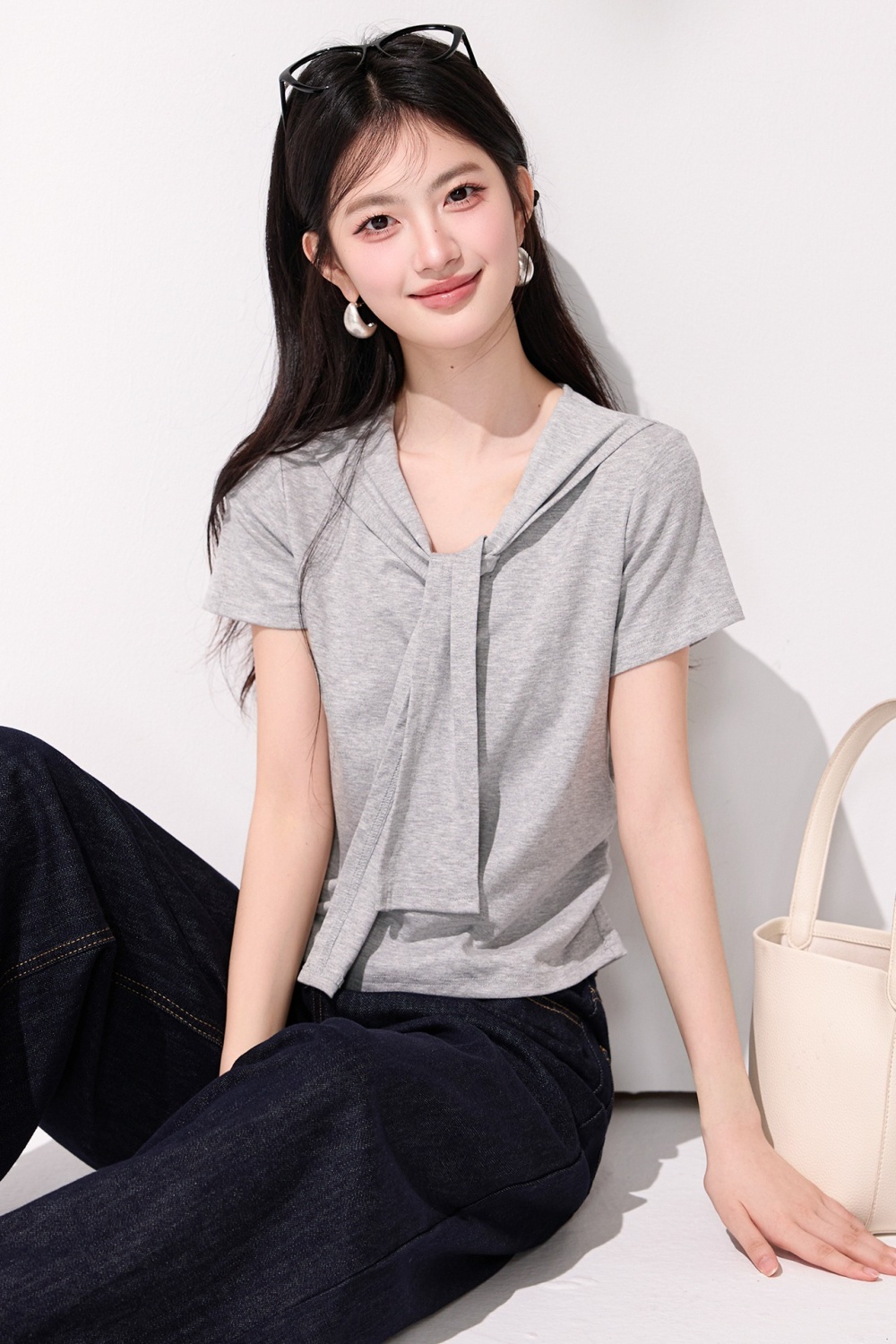 Gray Casual summer shawl simple all-match T-shirt