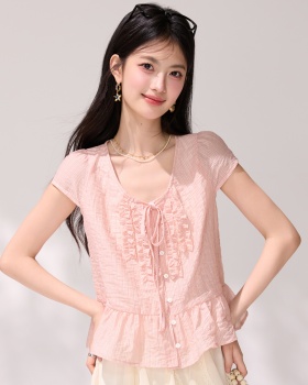 Short sleeve France style shirt pinched waist tops