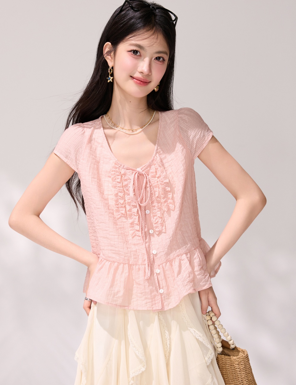Short sleeve France style shirt pinched waist tops