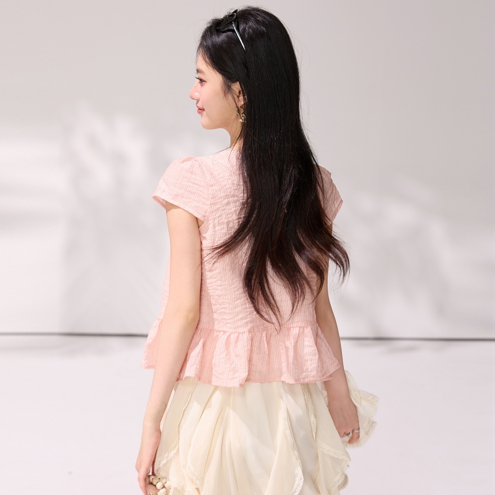 Short sleeve France style shirt pinched waist tops