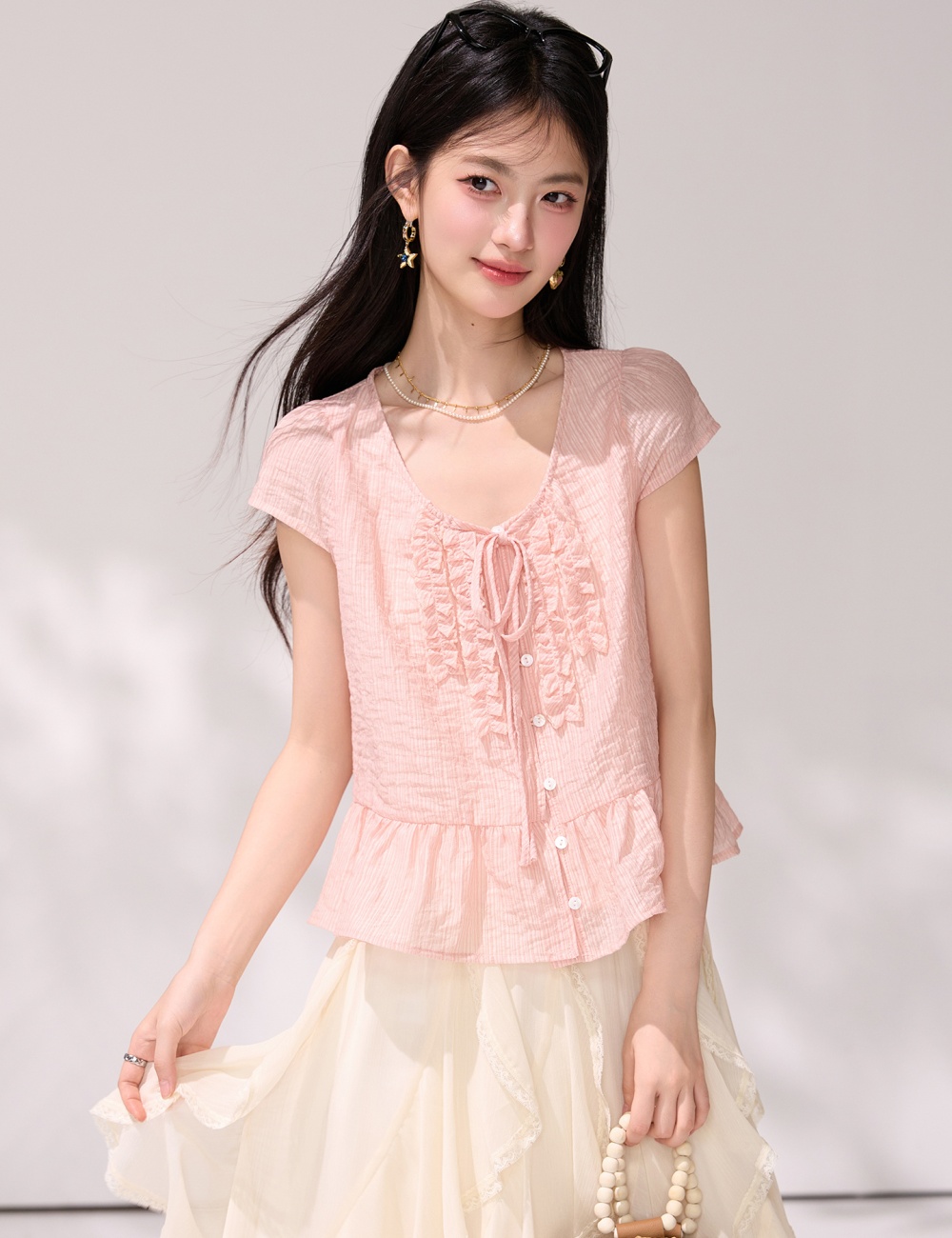 Short sleeve France style shirt pinched waist tops