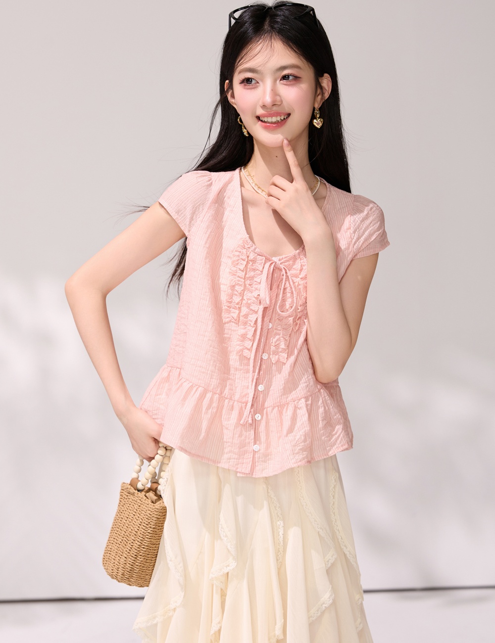 Short sleeve France style shirt pinched waist tops