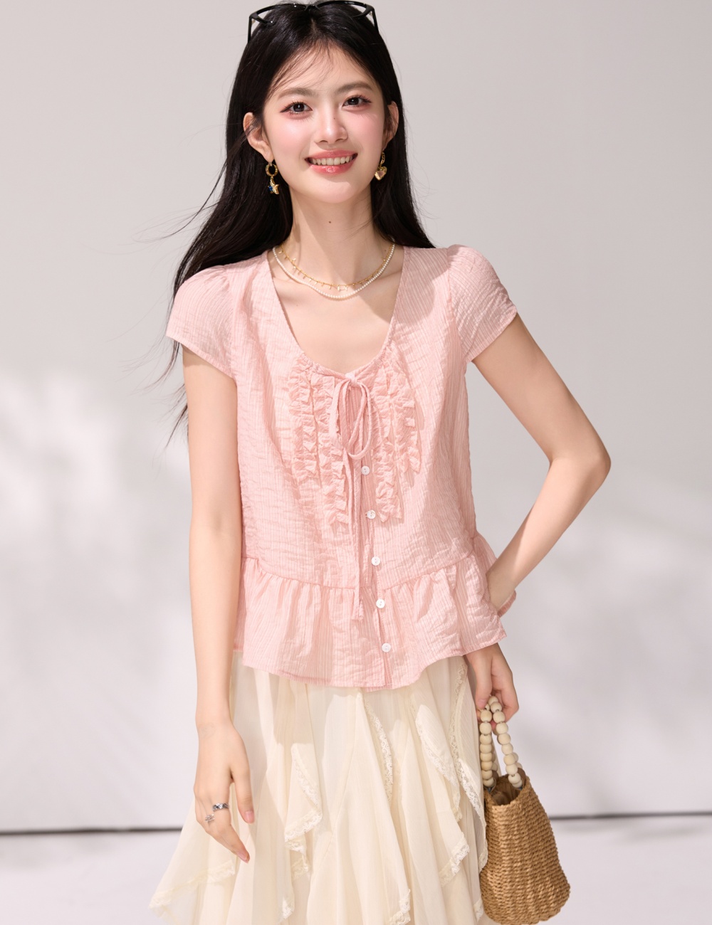 Short sleeve France style shirt pinched waist tops