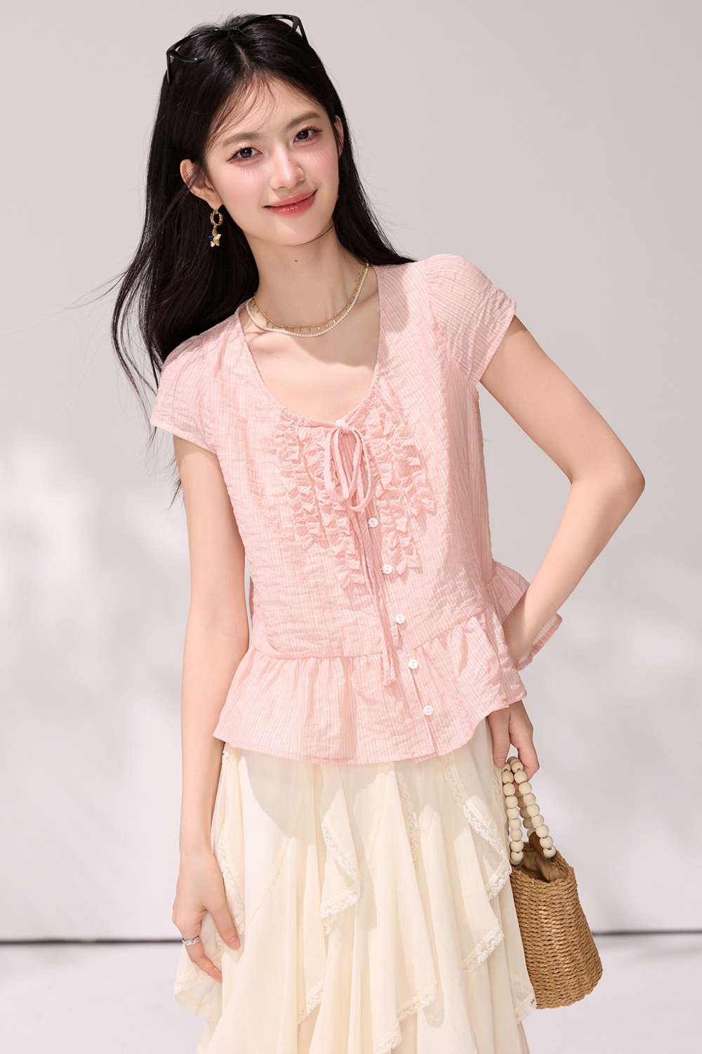 Short sleeve France style shirt pinched waist tops