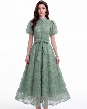 Pinched waist lace tender cstand collar dress