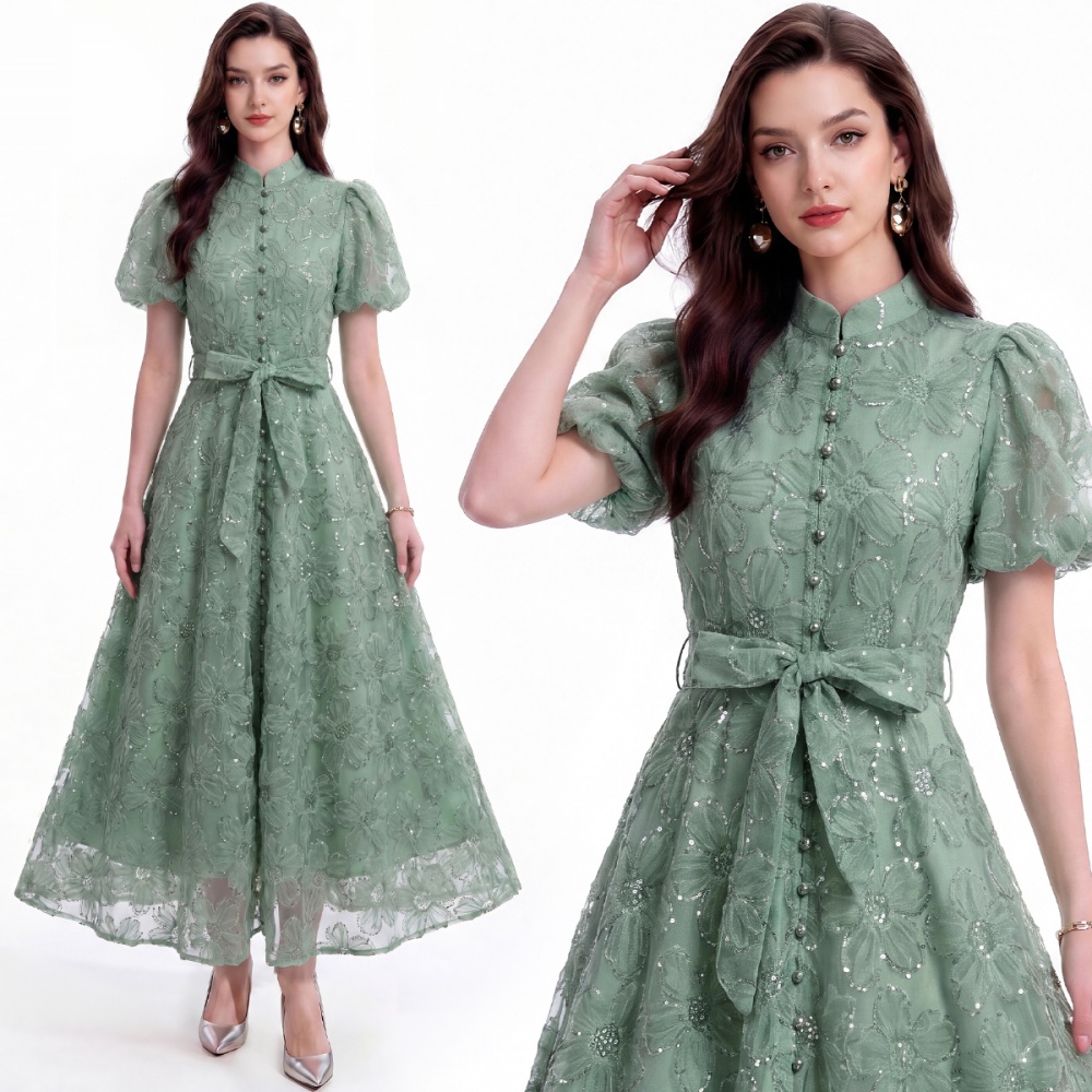 Pinched waist lace tender cstand collar dress