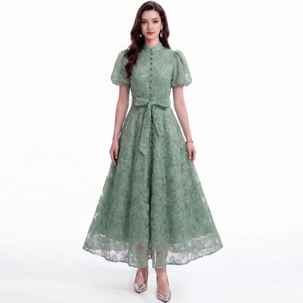 Pinched waist lace tender cstand collar dress