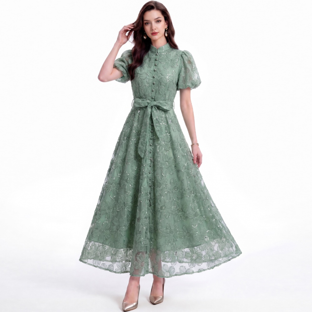 Pinched waist lace tender cstand collar dress