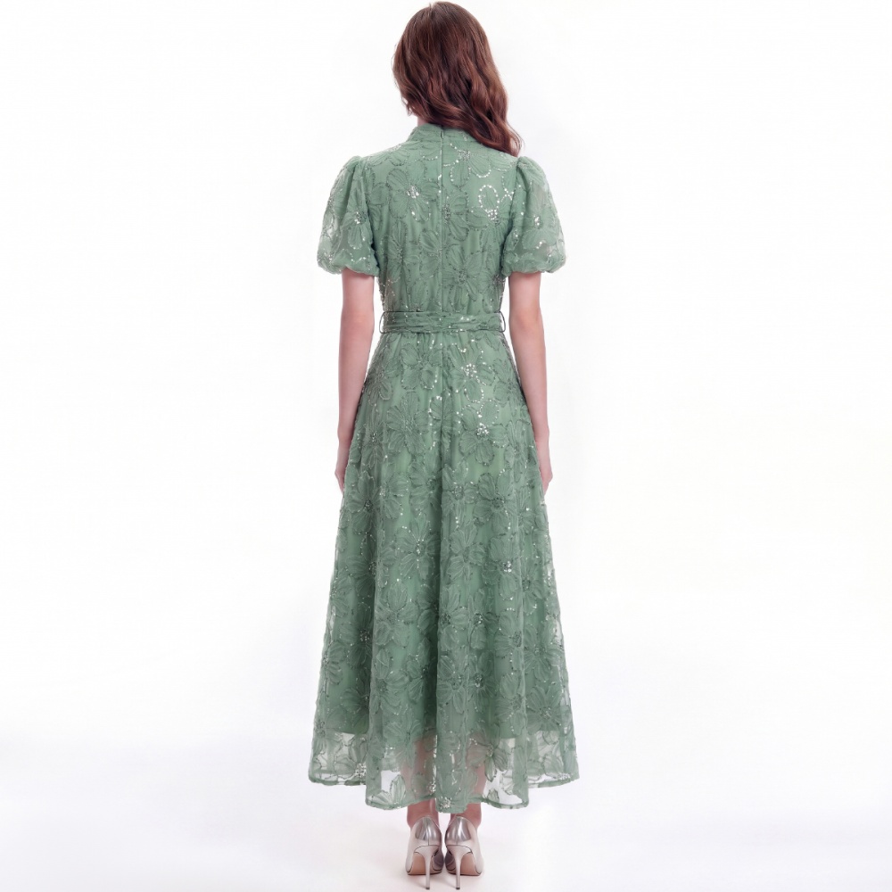 Pinched waist lace tender cstand collar dress