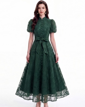 Lace pinched waist cstand collar A-line dress
