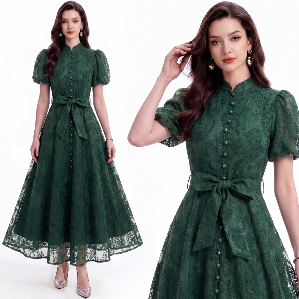 Lace pinched waist cstand collar A-line dress
