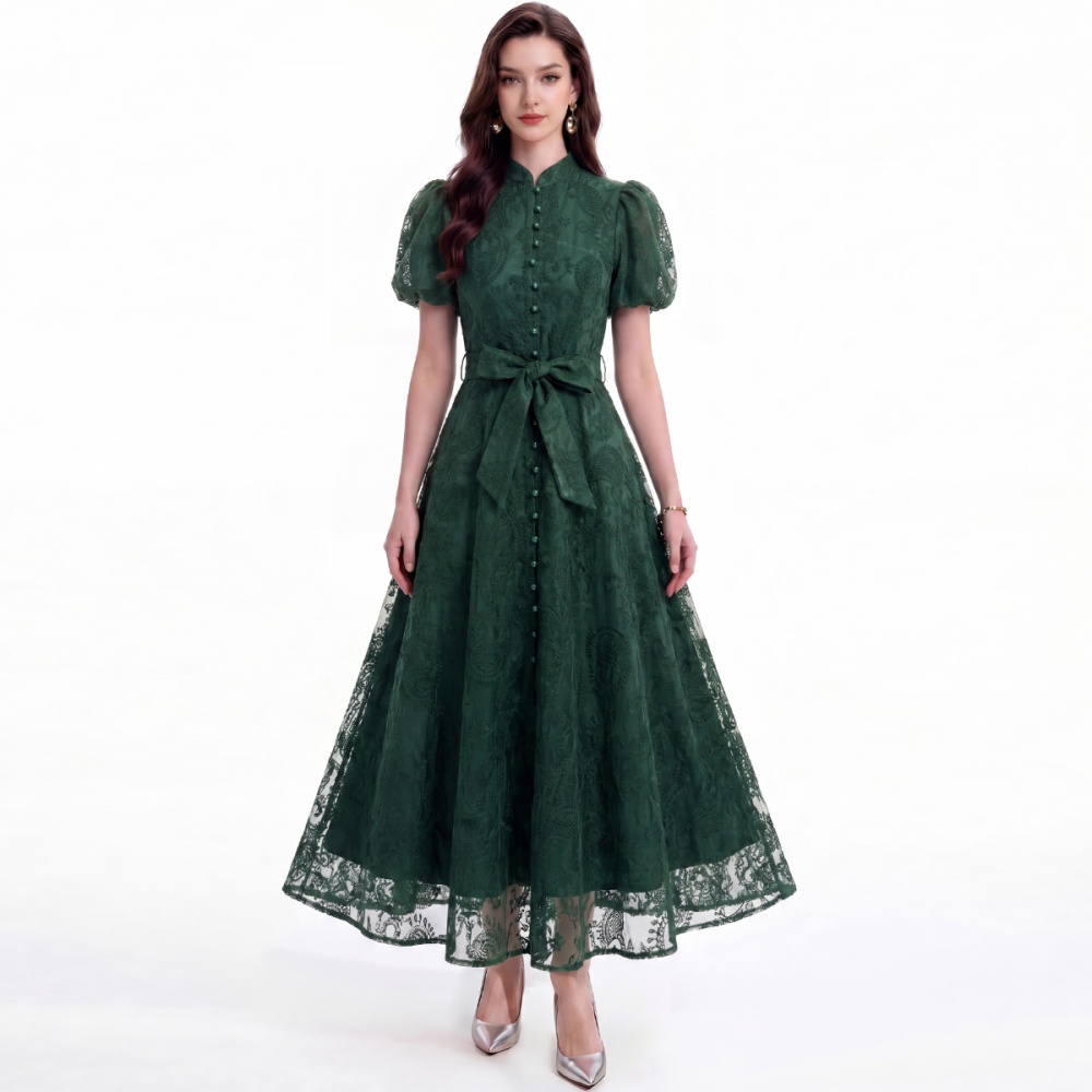 Lace pinched waist cstand collar A-line dress