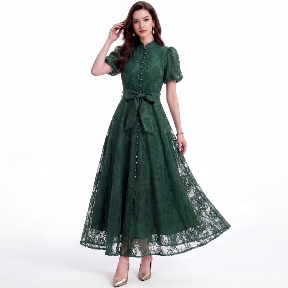 Lace pinched waist cstand collar A-line dress