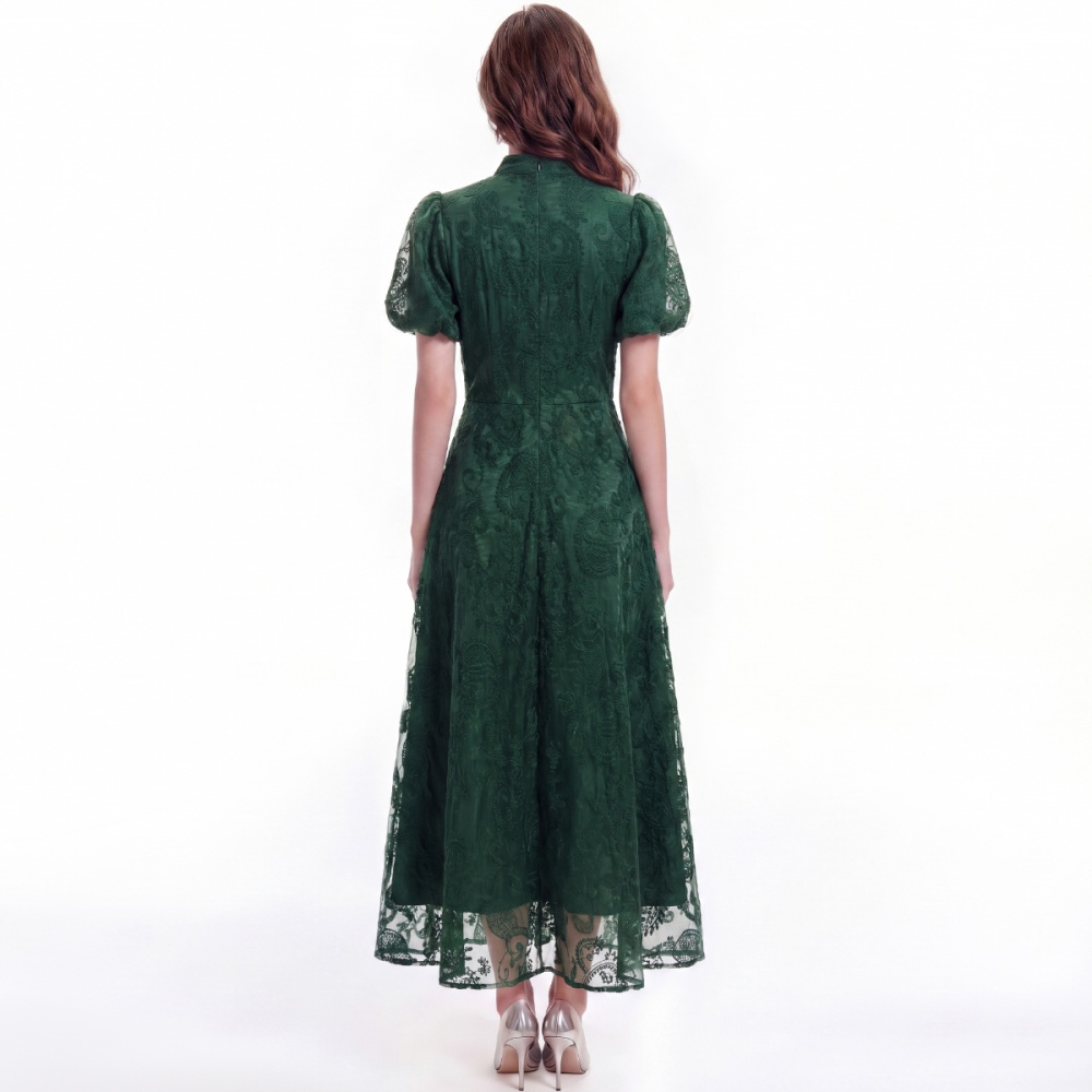 Lace pinched waist cstand collar A-line dress