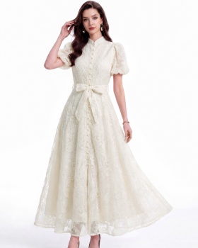France style short sleeve single-breasted pinched waist dress