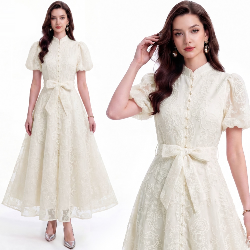 France style short sleeve single-breasted pinched waist dress