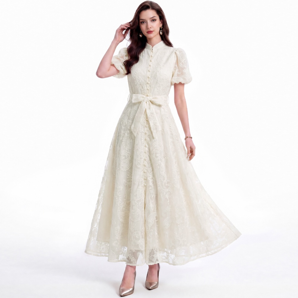 France style short sleeve single-breasted pinched waist dress