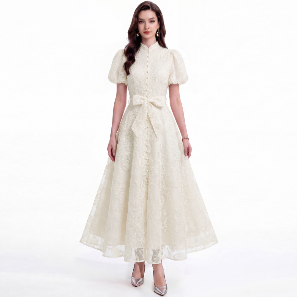 France style short sleeve single-breasted pinched waist dress