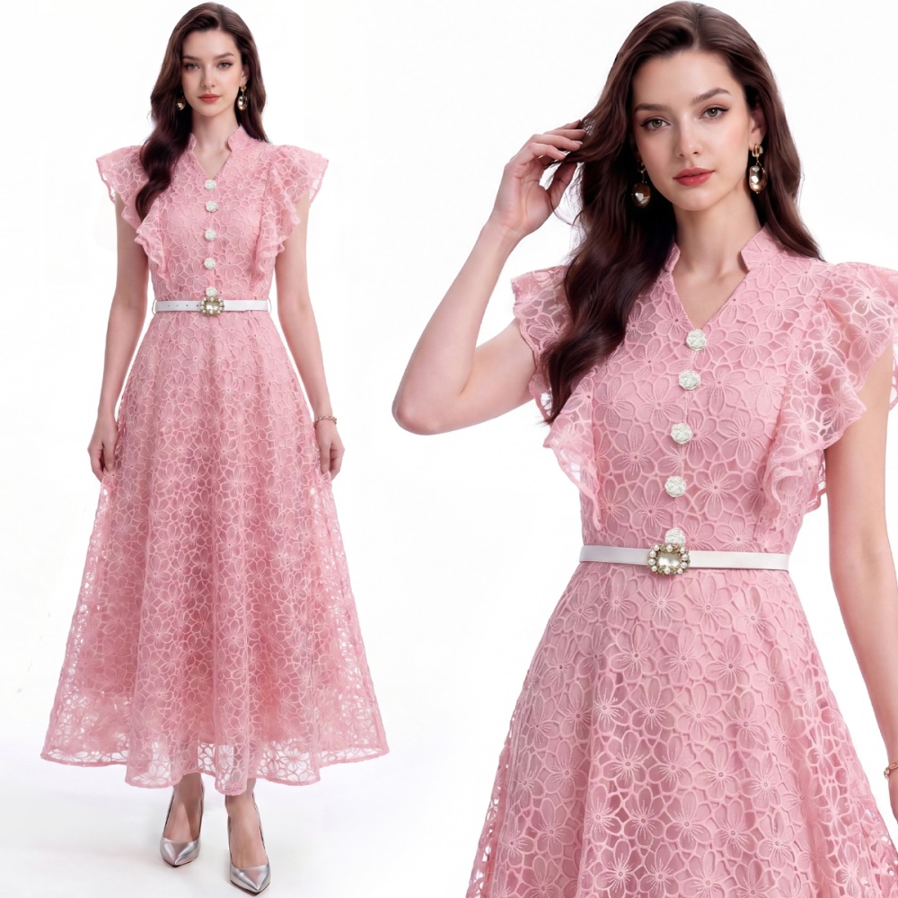 Embroidery single-breasted pinched waist dress