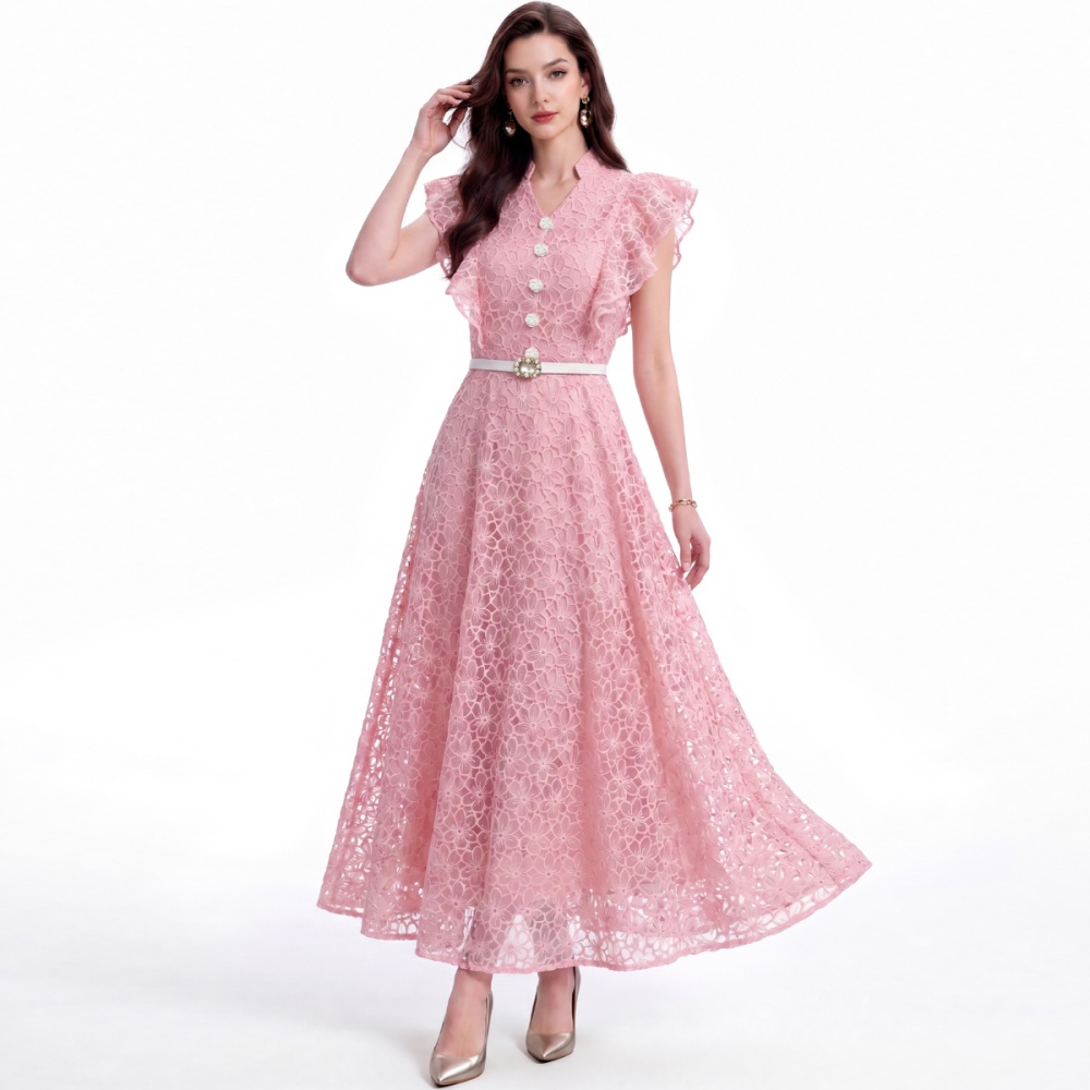 Embroidery single-breasted pinched waist dress