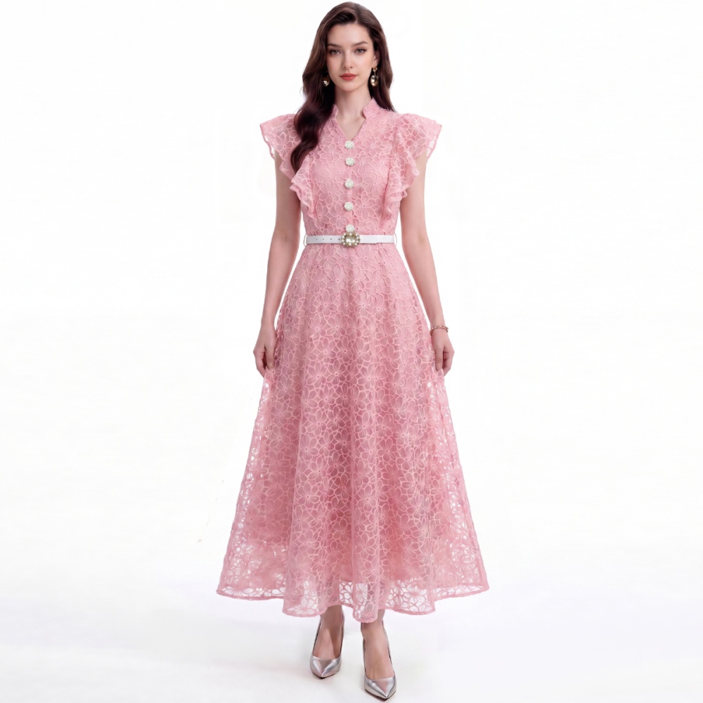 Embroidery single-breasted pinched waist dress