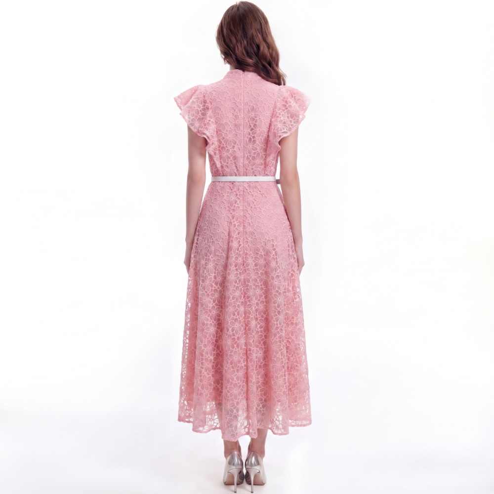 Embroidery single-breasted pinched waist dress