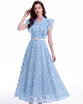 With belt pinched waist hollow lace single-breasted dress