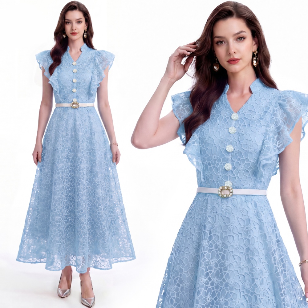 With belt pinched waist hollow lace single-breasted dress