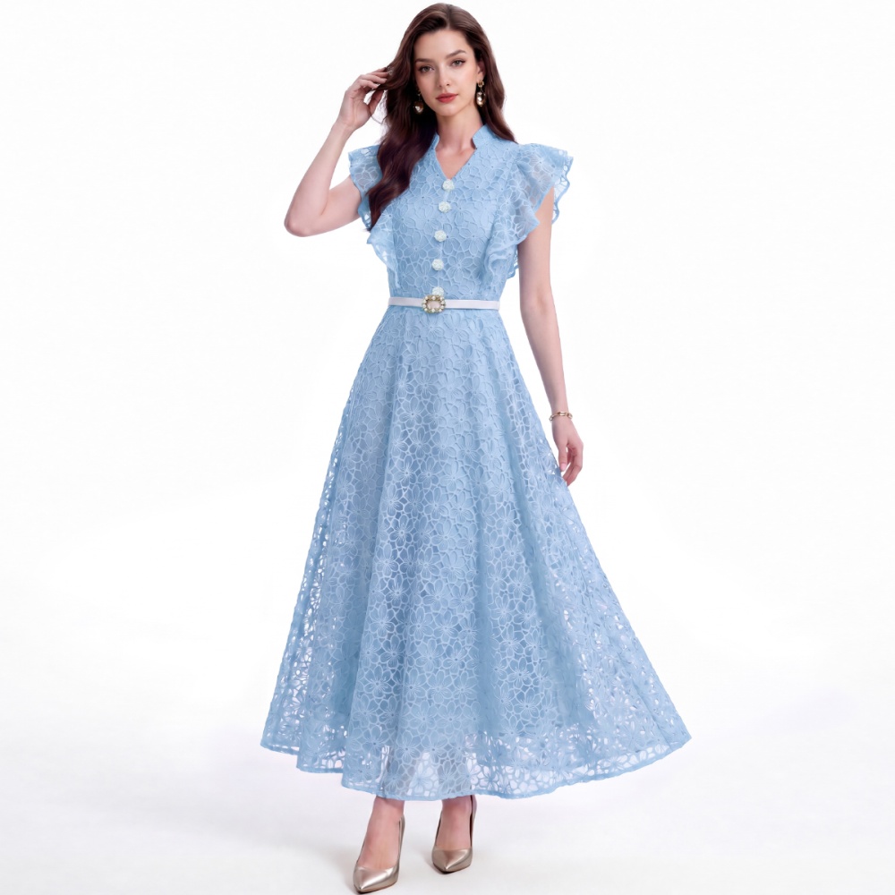 With belt pinched waist hollow lace single-breasted dress