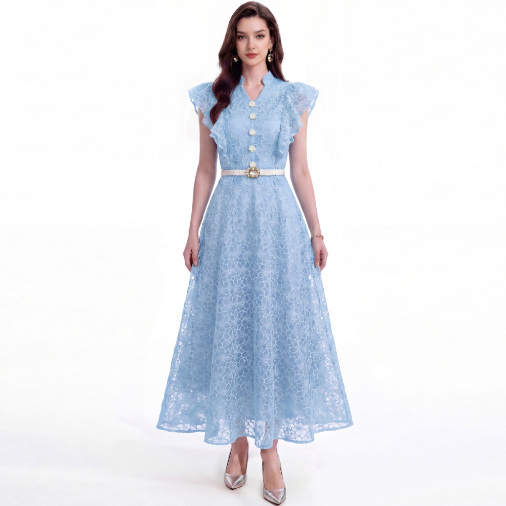 With belt pinched waist hollow lace single-breasted dress