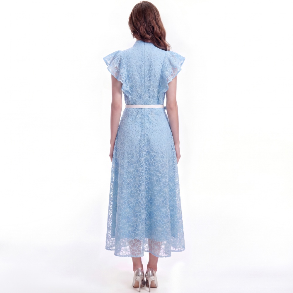 With belt pinched waist hollow lace single-breasted dress