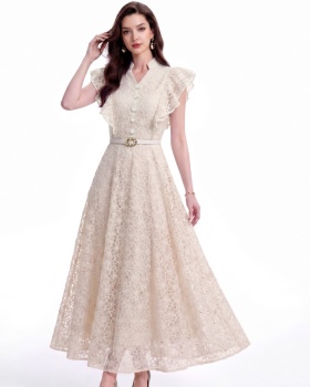 Hollow slim lace France style cstand collar with belt dress