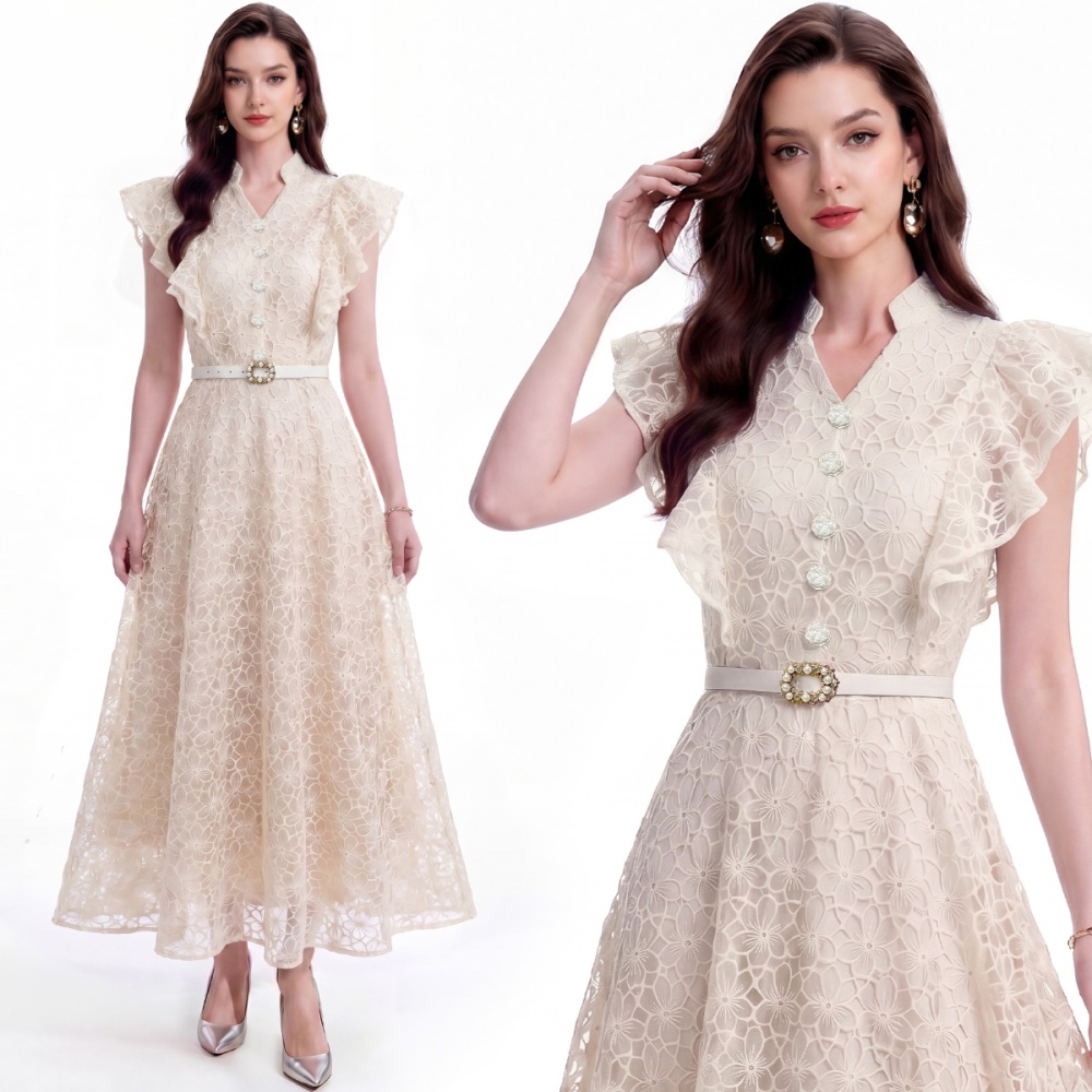 Hollow slim lace France style cstand collar with belt dress