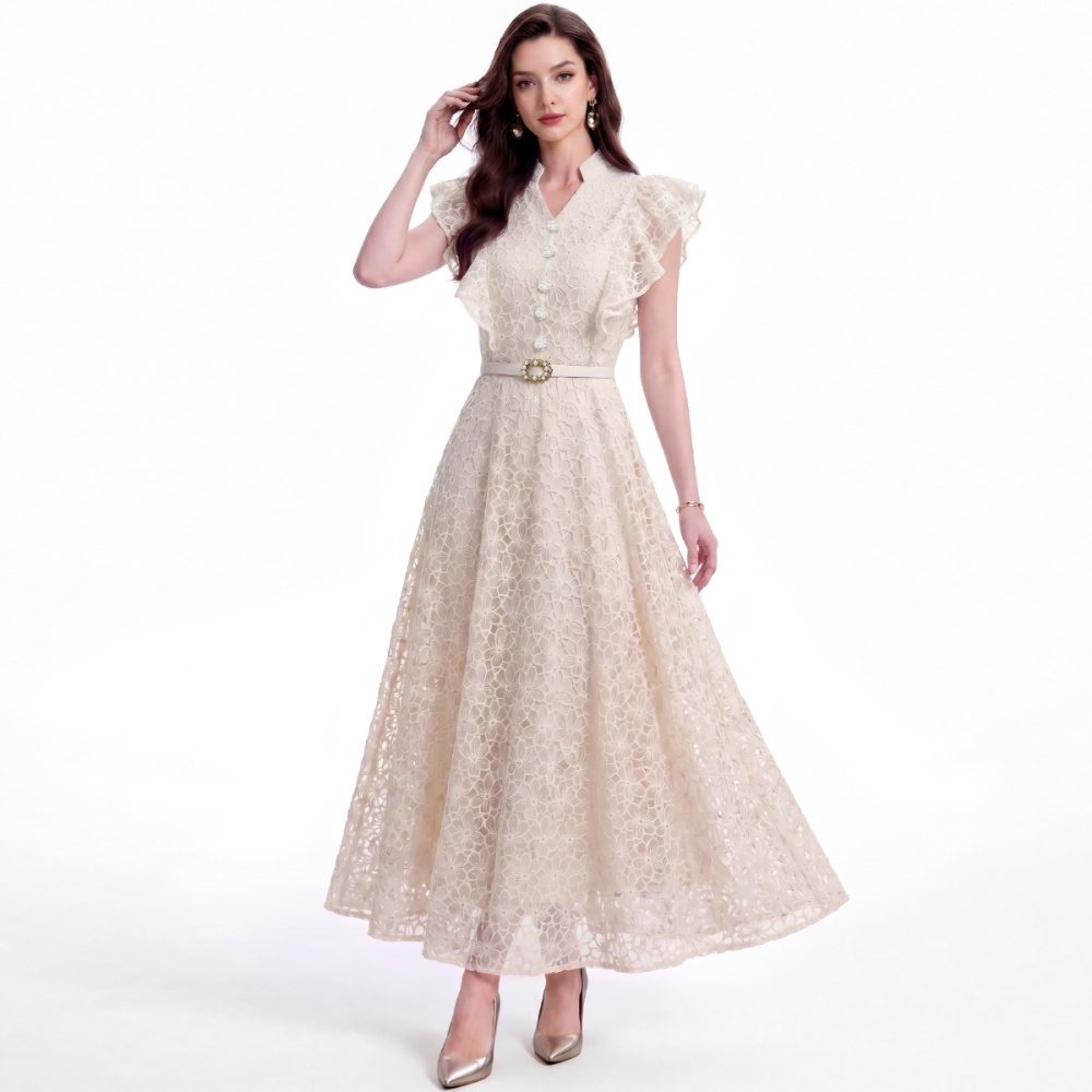 Hollow slim lace France style cstand collar with belt dress