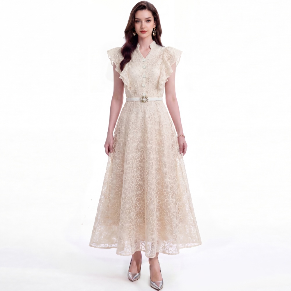 Hollow slim lace France style cstand collar with belt dress