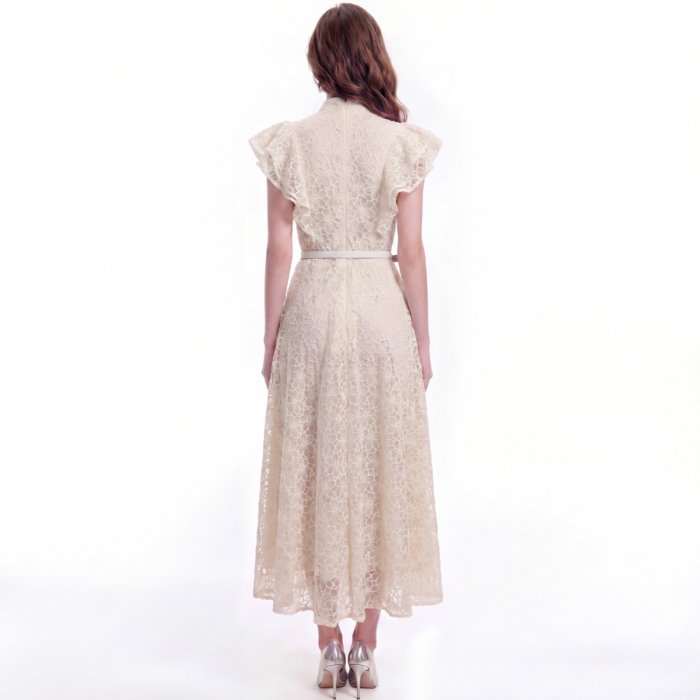Hollow slim lace France style cstand collar with belt dress