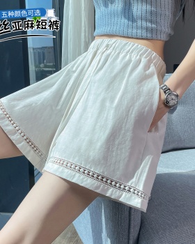 Hollow wide leg pants A-line cotton linen shorts for women