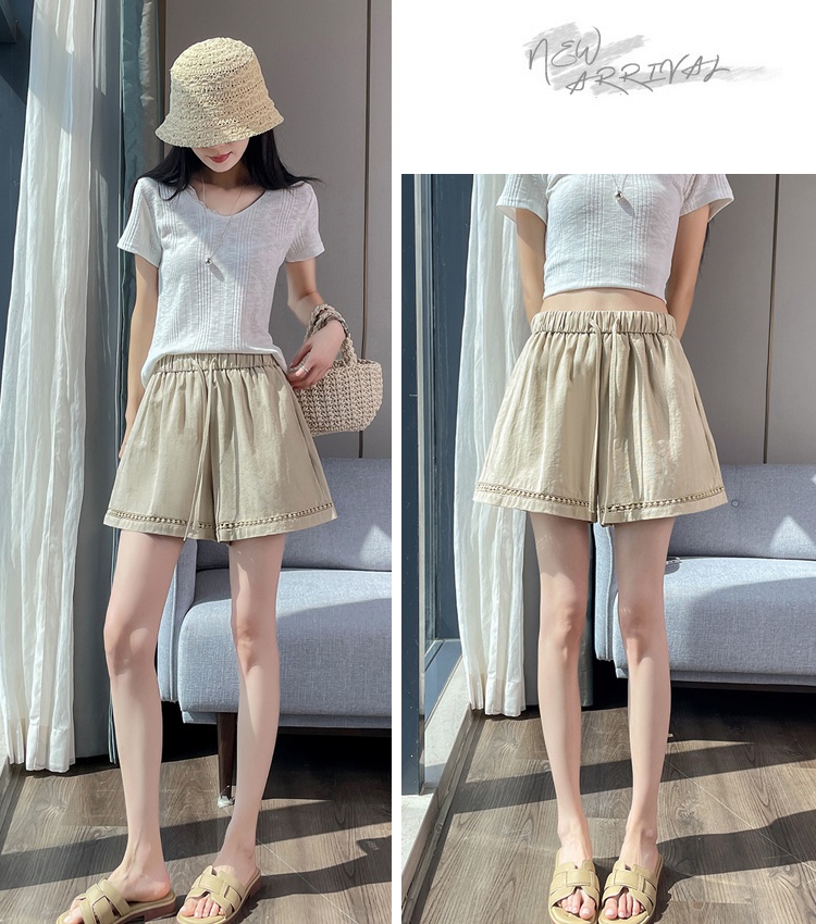 Hollow wide leg pants A-line cotton linen shorts for women