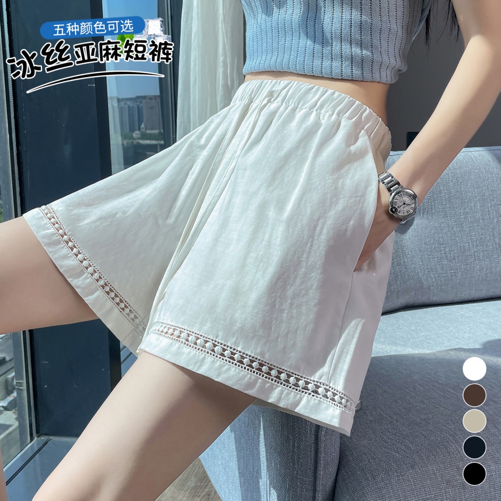 Hollow wide leg pants A-line cotton linen shorts for women