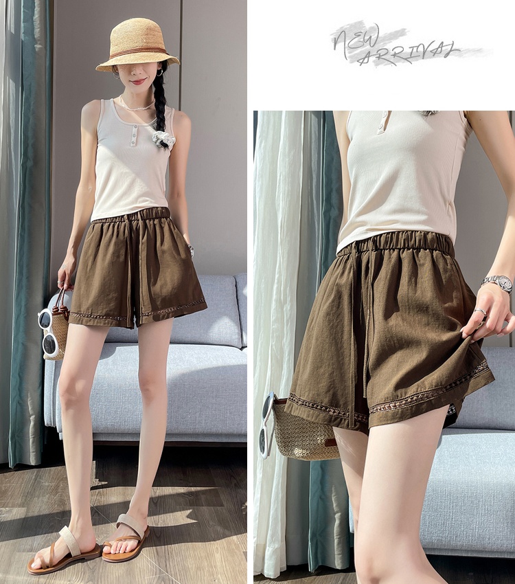 Hollow wide leg pants A-line cotton linen shorts for women