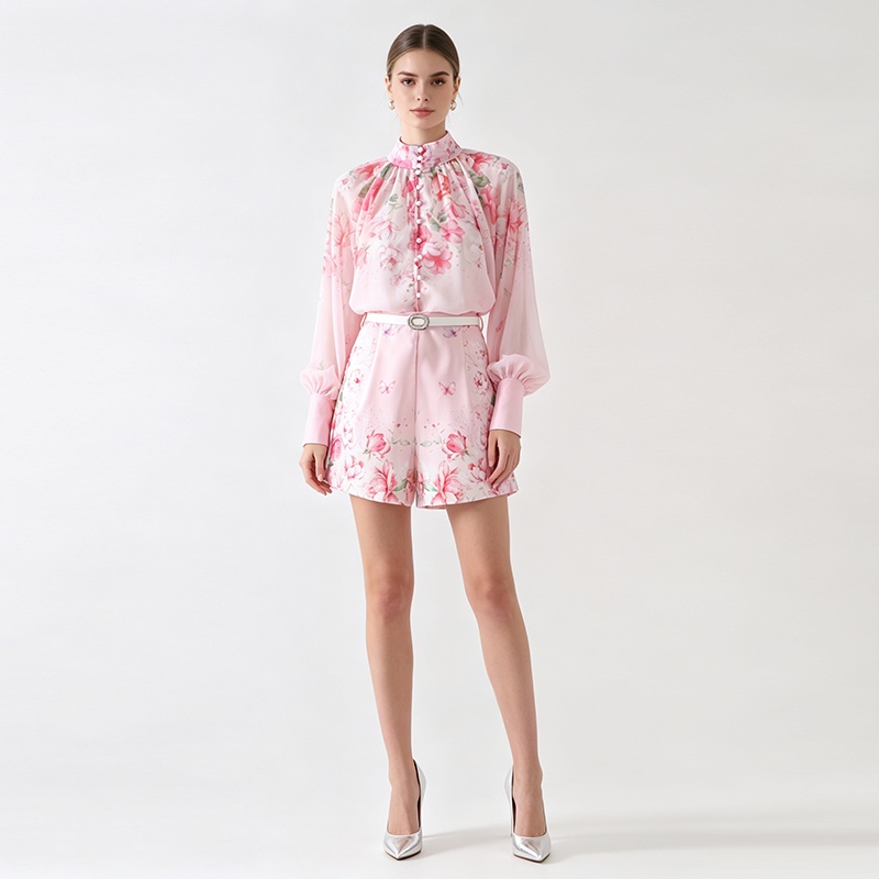 High waist lantern sleeve tops wide leg shorts a set